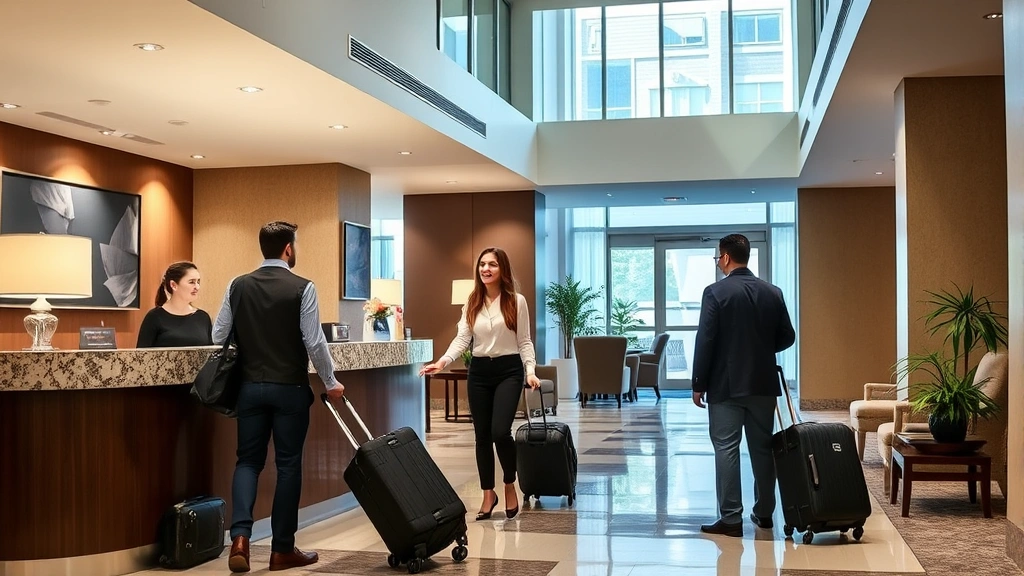 Hotel lobby with helpful front desk staff assisting guest with luggage, contemporary interior design, welcoming atmosphere, daytime lighting, professional hospitality environment