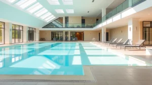 Modern indoor swimming pool with bright natural lighting from skylights, turquoise water, lounge chairs beside pool, neutral tile flooring, no people visible, contemporary hotel architecture