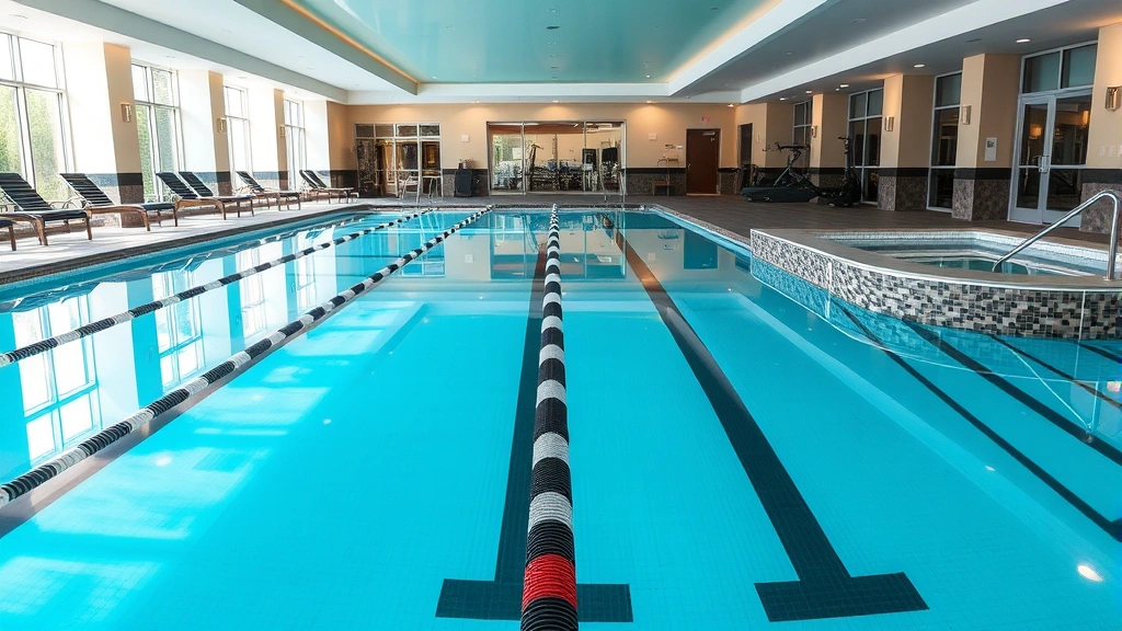 Luxury indoor pool facility showing lap lanes with lane dividers, hot tub adjacent, fitness equipment visible in background, warm ambient lighting, clean water, professional maintenance evident, resort-style setting