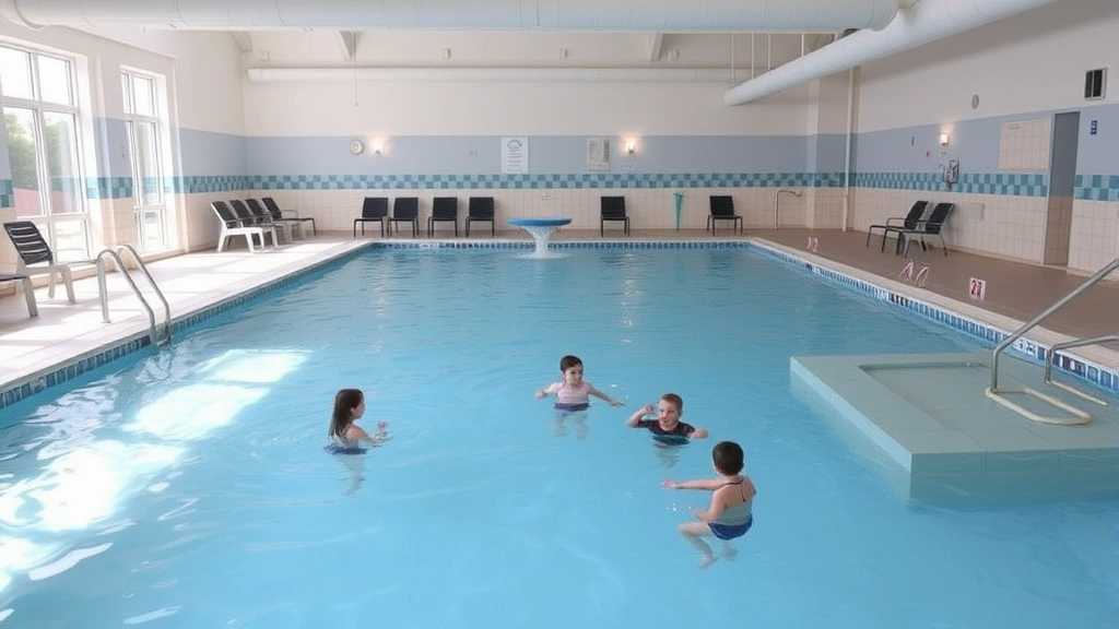 Family-friendly indoor pool area with shallow children's section, water features, comfortable seating areas, safety railings, heated water, bright clean environment, no identifying markers or text