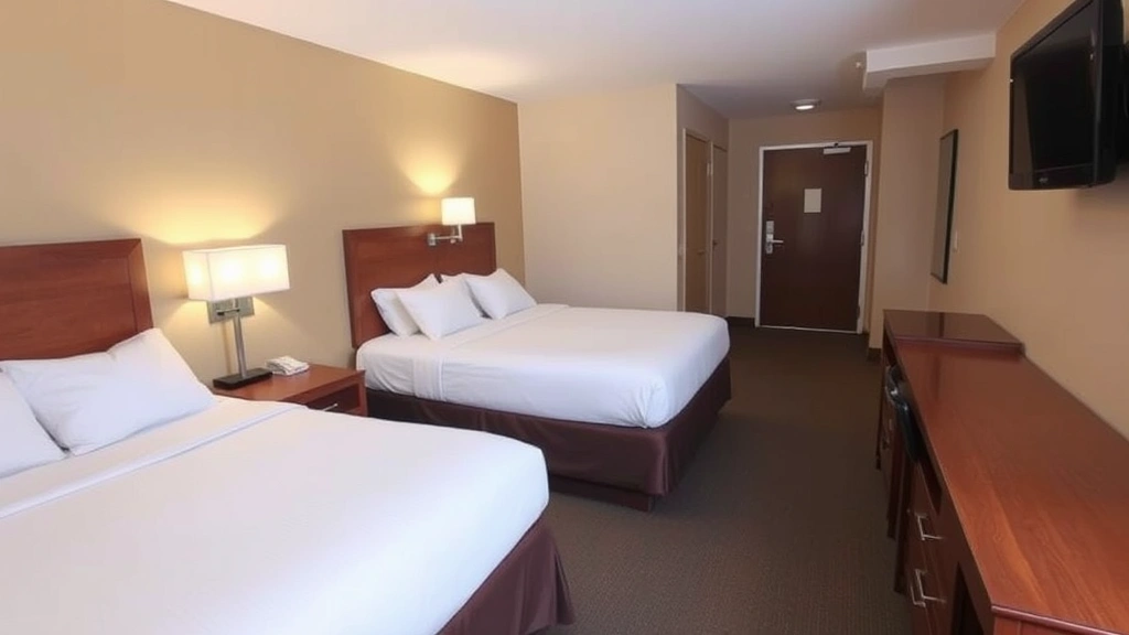 Budget hotel room interior with two double beds, clean white bedding, basic wooden nightstands, modest desk area, television mounted on wall, warm neutral lighting, modern economy-style décor, showing typical Super 8 standard accommodations setup
