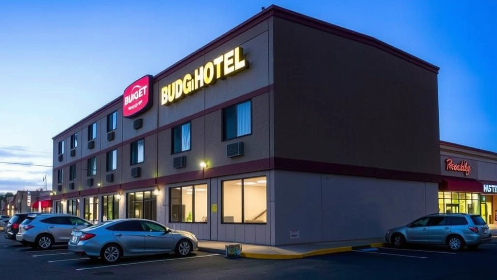 Exterior view of budget hotel building at dusk with illuminated entrance sign, parking lot with several vehicles, clean facade, ground-level room access, commercial corridor setting with nearby businesses visible in background