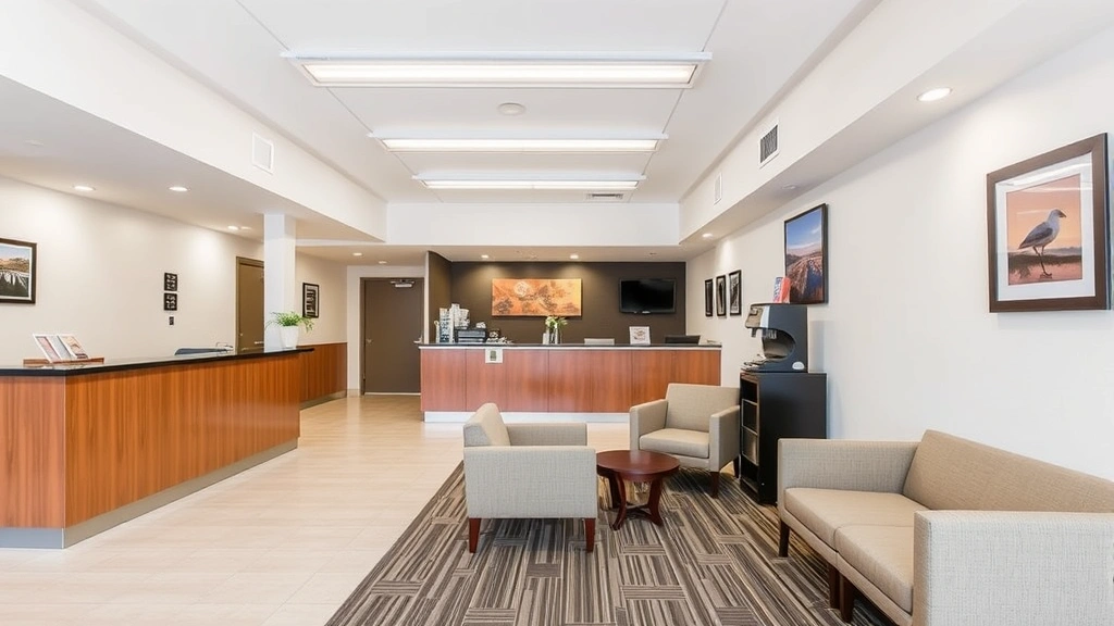 Hotel lobby reception area with front desk, comfortable seating area, coffee service station, bright fluorescent lighting, modern but minimal décor, guest check-in counter, typical budget chain hospitality space showing practical efficiency
