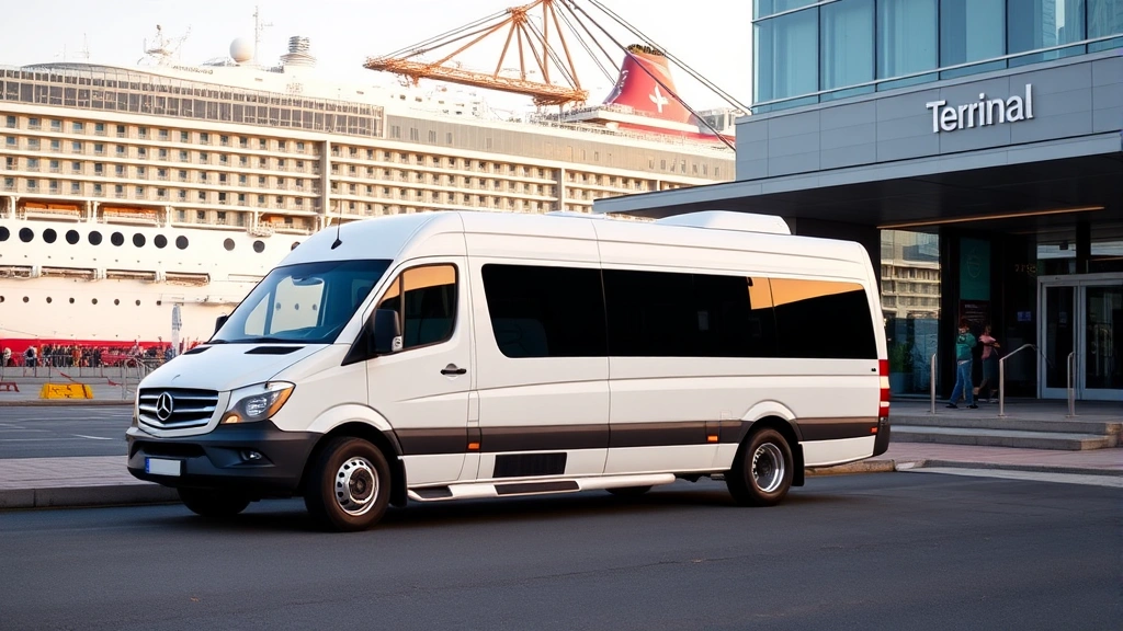 Hotel shuttle bus parked outside cruise terminal building, professional white minibus with hotel livery, port area visible with modern shipping containers and maritime infrastructure in background, morning light
