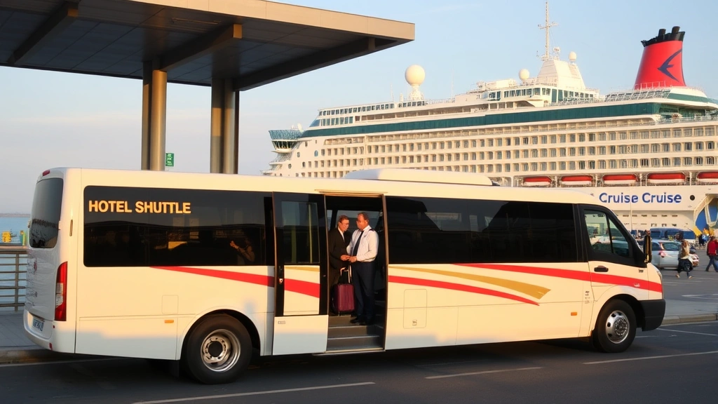 Hotel shuttle bus parked at cruise port terminal, passengers boarding with luggage, professional uniformed driver, morning departure scene, busy port area with ships docked