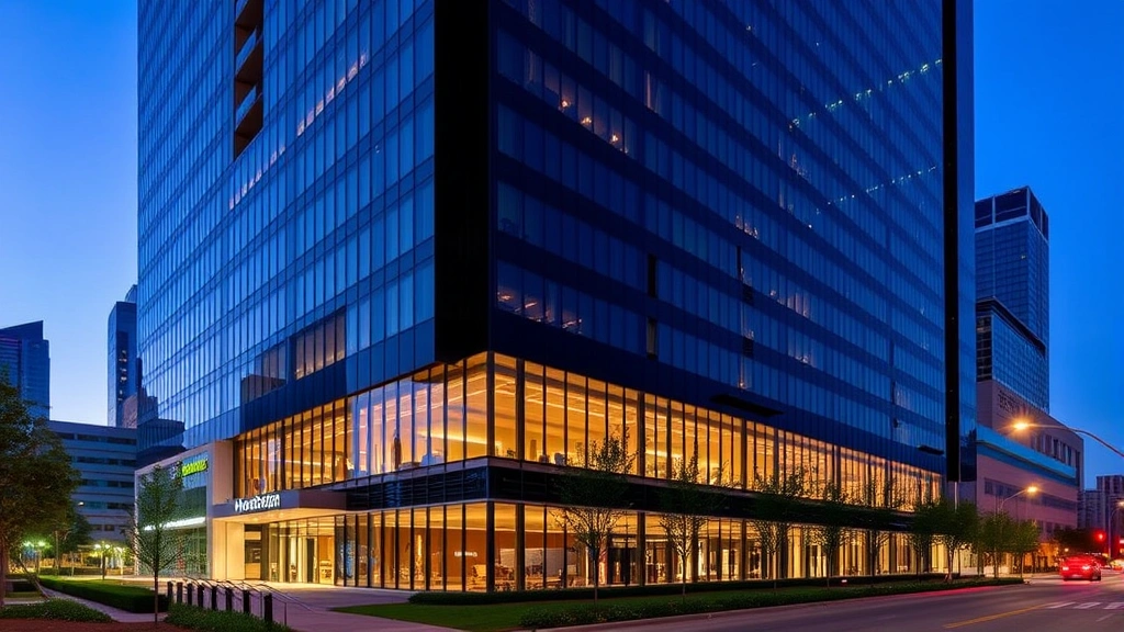 Modern downtown Houston hotel building exterior at dusk with contemporary architecture, glass facade reflecting city lights, street-level pedestrian walkway with landscaping, clear evening sky