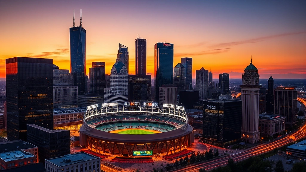 Modern downtown Houston skyline with baseball stadium visible during sunset, urban architecture, city lights reflecting off glass buildings, vibrant evening atmosphere