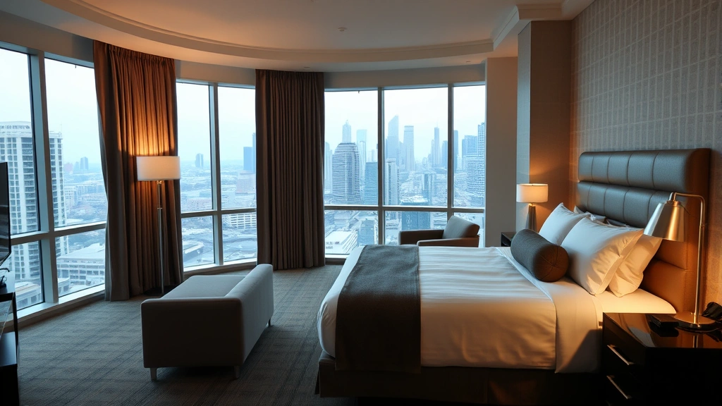 Spacious hotel room interior with comfortable king bed, floor-to-ceiling windows showing Houston skyline, modern furnishings, neutral color palette, task lighting on nightstands
