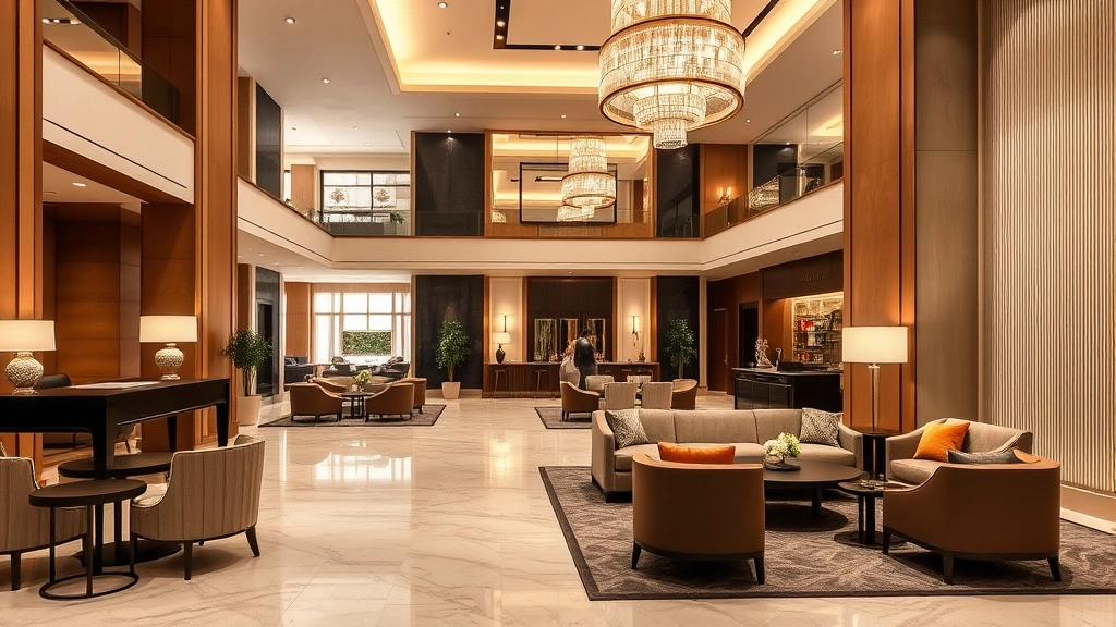 Luxury hotel lobby interior with elegant furnishings, comfortable seating areas, marble flooring, contemporary design, warm lighting, upscale hospitality ambiance