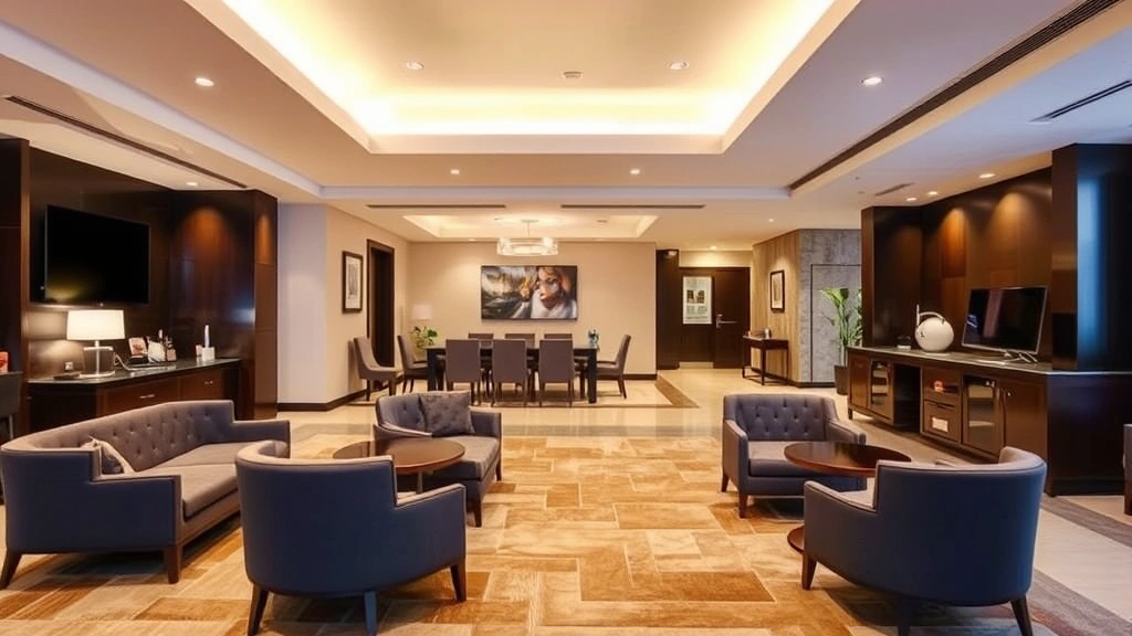 Hotel lobby lounge area with contemporary seating, complimentary coffee station, business center desk with computer, modern decor, warm ambient lighting, welcoming atmosphere