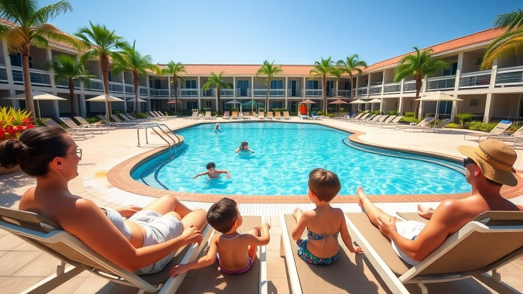 Family enjoying hotel pool area on sunny day, children playing in water, parents relaxing on loungers, tropical landscaping, clear blue water, vacation happiness