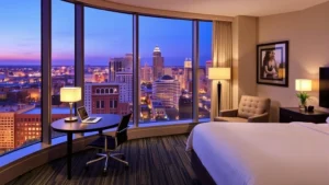 Modern hotel room overlooking New Orleans skyline with contemporary furnishings, floor-to-ceiling windows, and professional workspace setup near the Convention Center district