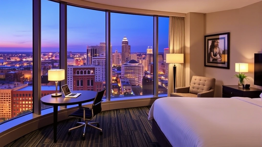 Modern hotel room overlooking New Orleans skyline with contemporary furnishings, floor-to-ceiling windows, and professional workspace setup near the Convention Center district
