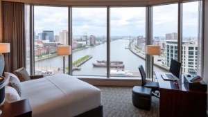 Modern hotel room overlooking Mississippi River with floor-to-ceiling windows, contemporary furnishings, and workspace desk in New Orleans