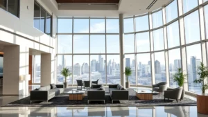 Modern hotel lobby with contemporary design, comfortable seating areas, and large windows showing a city skyline view, professional business atmosphere, daytime lighting
