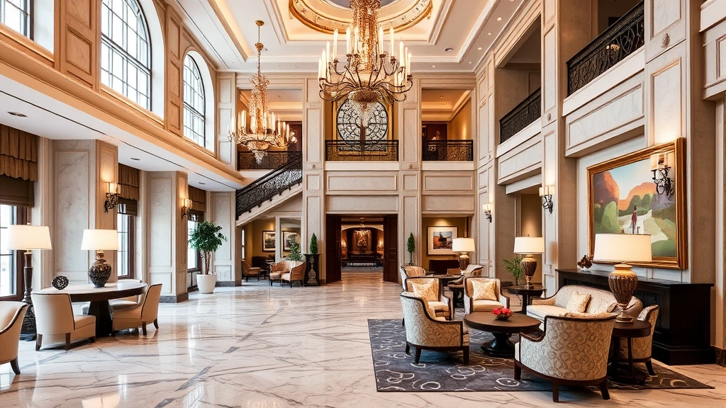 Upscale hotel lobby with marble floors, elegant chandeliers, and comfortable seating areas featuring New Orleans architectural elements and local artwork