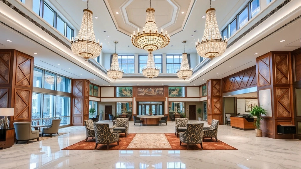 Upscale hotel lobby with elegant chandeliers, marble flooring, and contemporary seating areas in New Orleans Convention Center area