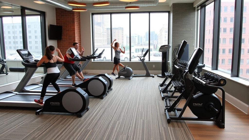Hotel guests relaxing in contemporary fitness center with cardio equipment, free weights, and floor-to-ceiling windows overlooking the Warehouse District neighborhood
