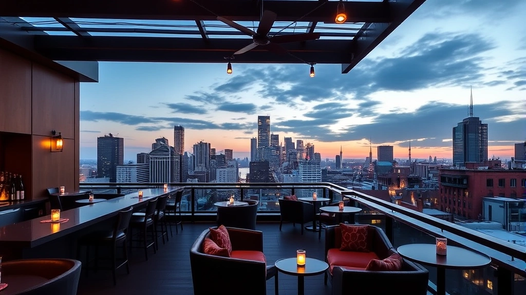 Hotel rooftop bar or lounge with city skyline views, comfortable seating, and evening ambiance in downtown New Orleans