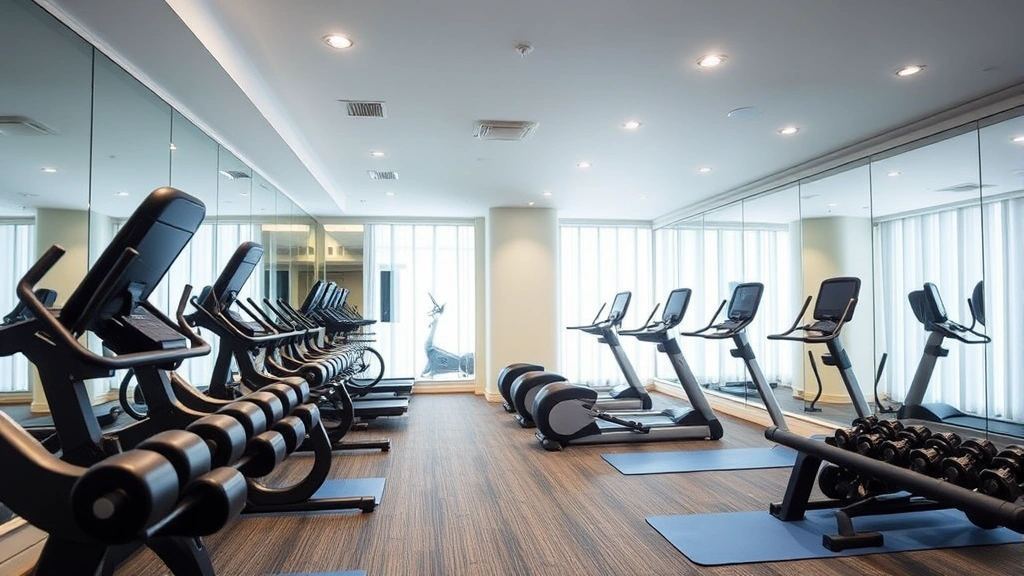 Hotel fitness center with cardio equipment and free weights, bright lighting, mirrors, and exercise mats, professional gym setting without any people visible