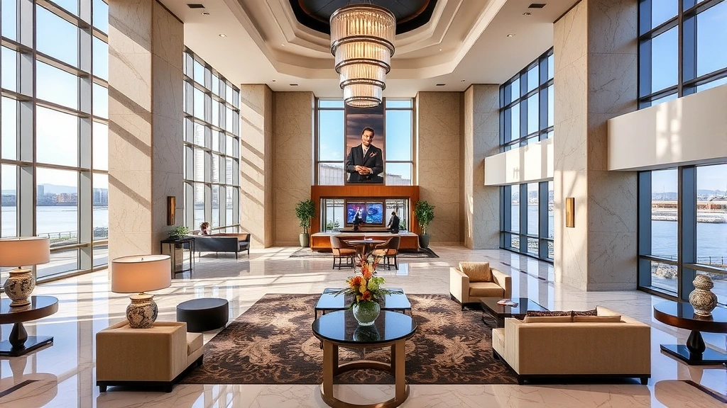 Luxury hotel lobby with marble floors, high ceilings, and elegant furniture near Oracle Park neighborhood, professional hotel staff visible, waterfront views through large windows