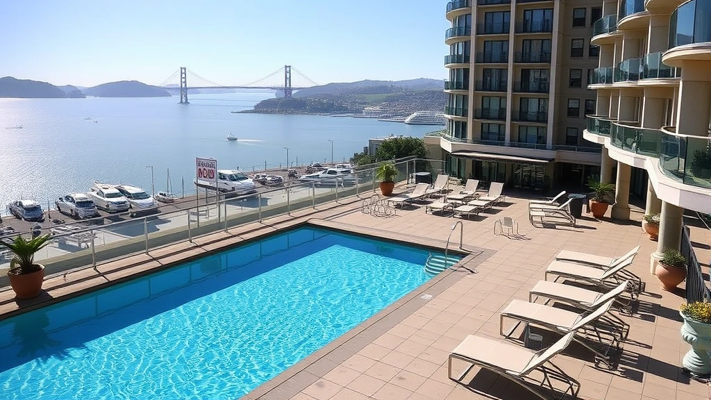 Hotel pool area with lounge chairs and bay views, modern amenities, waterfront San Francisco setting, sunny afternoon, no people visible, architectural focus