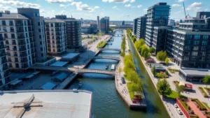 Aerial view of Paddington Basin waterfront with modern residential buildings, canal walkway, restaurants, and landscaped green spaces on a sunny day