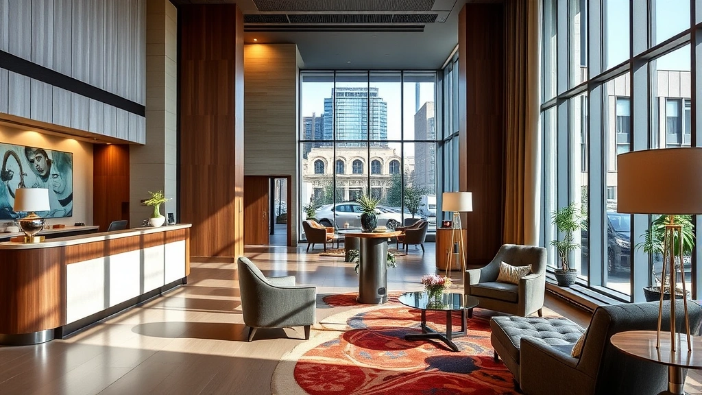 Modern hotel lobby with contemporary furnishings, natural lighting from large windows, reception desk area, and comfortable seating in Paddington area