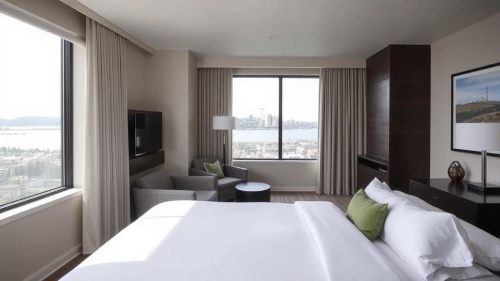 Comfortable hotel room interior with queen bed, modern furnishings, large window showing water view, neutral color palette with Seattle-inspired decor, clean contemporary design, bright natural lighting during daytime