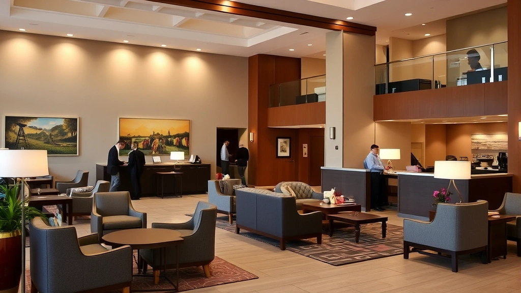 Hotel lobby or common area with comfortable seating, welcoming atmosphere, local artwork on walls, modern fixtures, people checking in or relaxing, professional hospitality environment, warm lighting creating inviting ambiance
