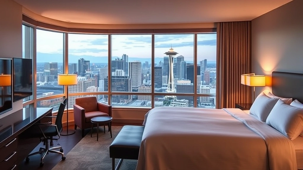 Modern hotel room with Seattle skyline visible through floor-to-ceiling windows, contemporary furnishings, warm lighting, comfortable bed with high-quality linens, minimalist decor