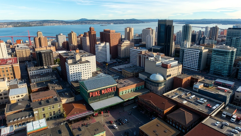 Aerial view of Pike Place Market with surrounding downtown Seattle buildings, waterfront views, and Elliott Bay in background, daytime photography, vibrant market activity visible