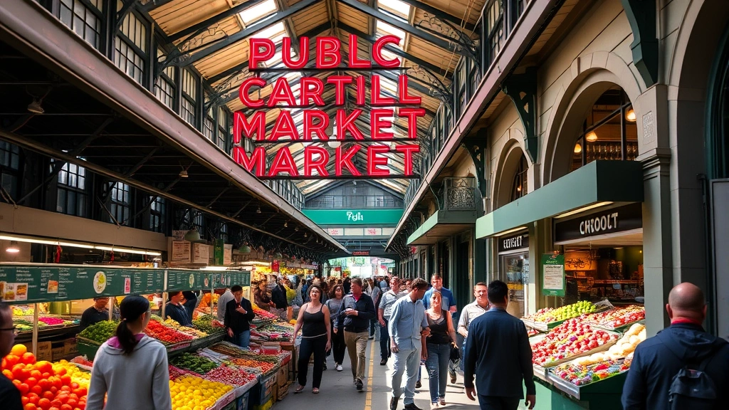 Bustling Pike Place Market corridor with historic architecture, vendor stalls displaying fresh produce and crafts, natural daylight from windows, people walking through covered market area