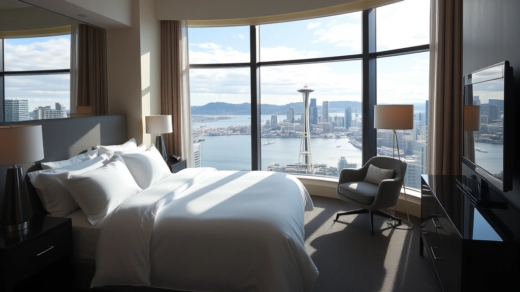 Luxurious modern hotel room overlooking Seattle waterfront with floor-to-ceiling windows, premium bedding, contemporary furnishings, natural daylight streaming in, Seattle skyline and water visible
