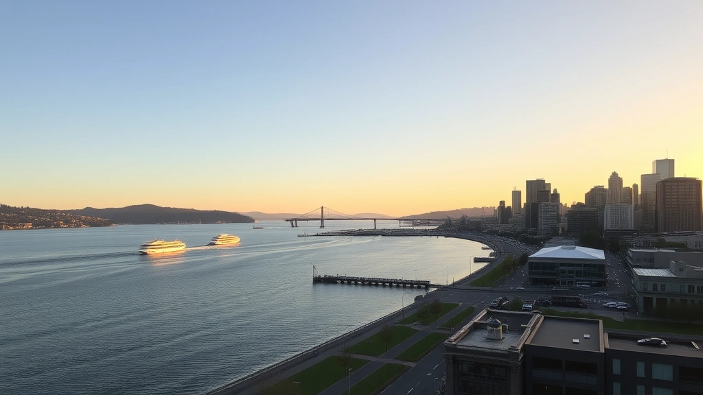 Seattle waterfront view at golden hour showing Puget Sound, ferries in distance, downtown buildings, waterfront promenade with walking paths, natural lighting, residential and commercial buildings
