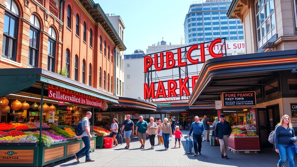 Busy Pike Place Market street level scene with historic architecture, vendor stalls with fresh produce and flowers, waterfront buildings, pedestrians exploring market, natural lighting