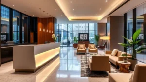 Modern hotel lobby interior with contemporary furnishings, sleek desk, warm lighting, comfortable seating area, potted plants, reflecting urban downtown setting without visible text or signage