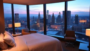 Modern luxury hotel room overlooking downtown Cleveland skyline with urban lights visible through floor-to-ceiling windows at dusk, contemporary furnishings with neutral tones, unmade bed with white linens