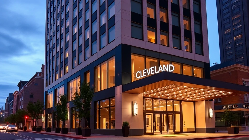 Modern downtown Cleveland hotel exterior at dusk with illuminated entrance, urban architecture, street-level view, professional hospitality setting