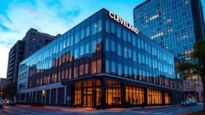 Modern downtown Cleveland hotel exterior at dusk with street-level entrance and glass facade, city lights reflecting off windows, residential urban setting