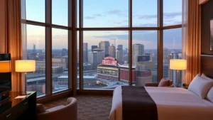 Modern hotel room overlooking Cleveland downtown skyline with Progressive Field visible in distance, contemporary furnishings, floor-to-ceiling windows, warm evening lighting