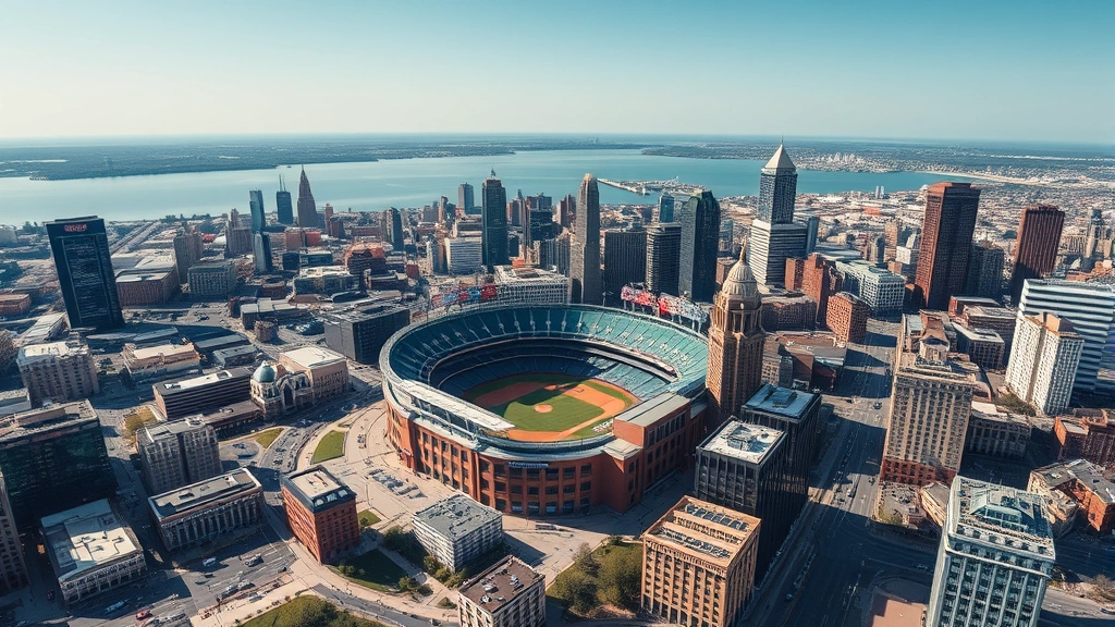 Aerial view of downtown Cleveland showing Progressive Field baseball stadium surrounded by urban buildings, hotels, streets, and Lake Erie in background, cityscape photography