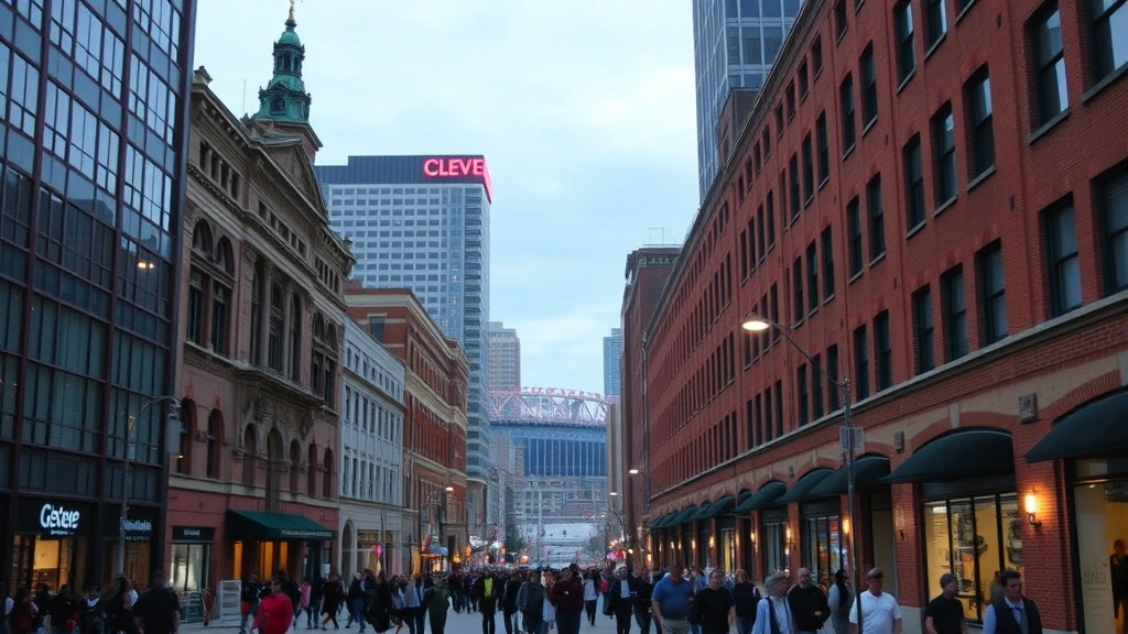 Downtown Cleveland street scene with historic and modern buildings, evening crowd of pedestrians walking toward stadium district, street lamps illuminating brick buildings and contemporary architecture, waterfront visible in distance