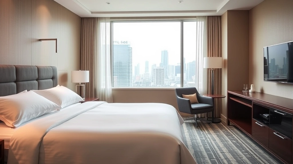 Comfortable hotel room interior with king bed, contemporary furnishings, city window view, clean modern design, welcoming residential space