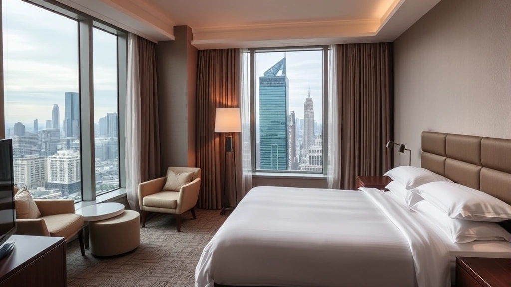 Comfortable hotel room interior with queen bed, modern furnishings, large windows showing city skyline, neutral color palette, well-lit professional photography