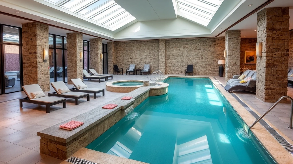 Luxury hotel indoor pool area with comfortable lounge seating, modern water features, stone accents, bright natural lighting from skylights, upscale amenities