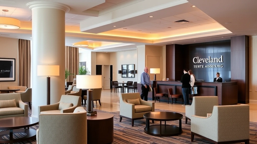 Upscale hotel lobby with contemporary design, comfortable seating areas, warm lighting, reception desk in background, Cleveland architectural elements, guests checking in, professional interior design, daytime setting, no visible signage or text