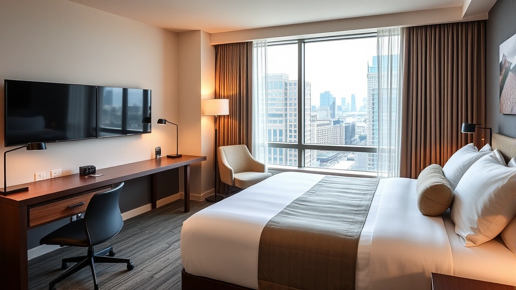 Comfortable hotel guest room with queen bed, modern furnishings, work desk, flat-screen TV, and city view through window, contemporary hospitality interior design