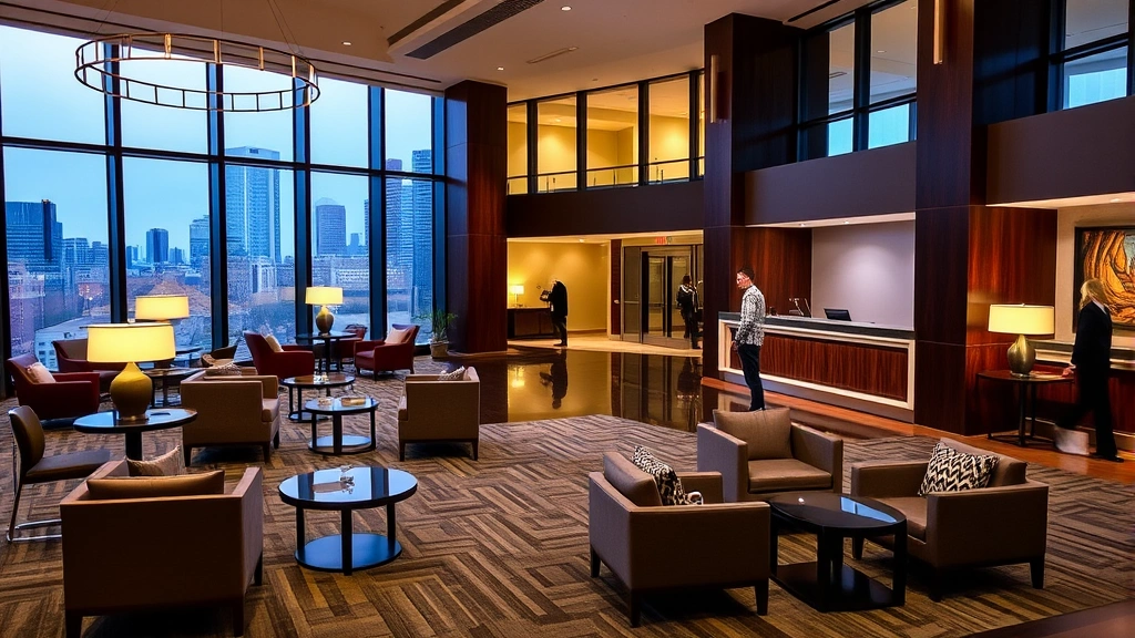 Hotel lobby interior with contemporary design, comfortable seating areas with modern furniture, floor-to-floor windows showing downtown cityscape, warm lighting, business center visible, guests checking in at reception desk