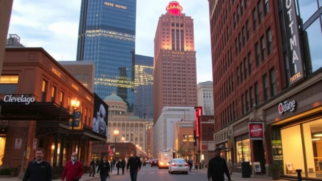 Downtown Cleveland streetscape showing pedestrians walking past hotel buildings, Gateway District, evening lighting, urban neighborhood atmosphere